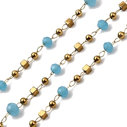 Темно-Голубой Ручная работа 304 цепочки из нержавеющей стали и стекла в форме ронделей, пайки, с 316 цепями и катушкой из нержавеющей стали, ионное покрытие (ip), реальный 18 k позолоченный, глубокое синее небо, бусины: 4x3.5мм и 2x2x2мм и 2мм