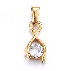 Golden 304 Stainless Steel Pendants, with Cubic Zirconia, teardrop, Clear, Golden, 16x7.5x3.5mm, Hole: 5x3mm
