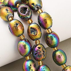 Разноцветный Гальванические природные друзы геод, барабан, с бисером, красочный, 14~15x12~12.5 мм, отверстие : 1.6 мм, около 11 шт / нитка, 7.60'' (19.3 см)