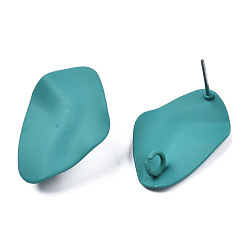 Dark Cyan Spray Painted Iron Stud Earring Findings, with Vertical Loops, Twist Oval, Dark Cyan, 26x18mm, Hole: 3mm, Pin: 0.7mm