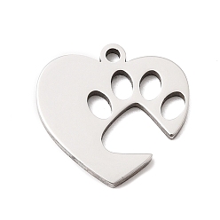 Нержавеющая Сталь Цвет 304 подвески из нержавеющей стали, подвеска в виде отпечатка лапы в форме сердца, цвет нержавеющей стали, 16.5x16.5x1.5 мм, отверстие : 1.5 мм
