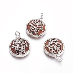 Камень с Пылевым Золотом Синтетические голдстоуновские подвески, с латунной фурнитурой платинового цвета, квартира с рукой хамсы/рукой мириам, 31x27.5x8.5 мм, отверстие : 6.5x4 мм