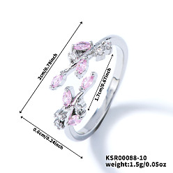 Pink Изысканные латунные кольца-манжеты в форме листьев ивы с кубическим цирконием для женщин, платина, розовые, внутренний диаметр: 17 мм