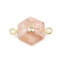 Вишневый агат Ограненные натуральные агатовые звенья в форме цветущей сакуры, шестиугольник с латунной микропаве, прозрачными кубическими циркониями и латунной фурнитурой., золотые, стойки покрытие, 17x27x8 мм, отверстие : 2 мм
