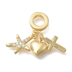Звезда Латунь микропаве прозрачный кубический цирконий европейские подвески с подвесками, подвески в форме креста и сердца с большим отверстием, без кадмия и без свинца, долговечный, стойки покрытие, реальный 18 k позолоченный, звезда, 27 мм, отверстие : 5 мм