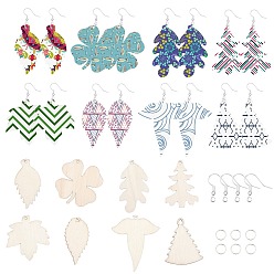 Silver DIY Dangle Earring Making Kits, with Brass Earring Hooks, Unfinished Wood Leaf Pendants, Silver, pendants: 64pcs/set
