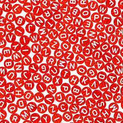 Красный 1000 шт прозрачные акриловые бусины, горизонтальное отверстие, cmешанные буквы, плоско-круглые, красные, 7x4 мм, отверстие : 1.5 мм