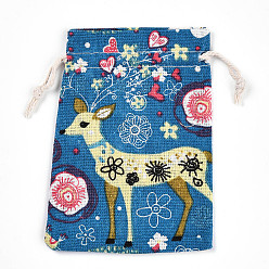 Стально-синий Поликоттон (полиэстер, хлопок) с принтом цветов и оленей, упаковочные мешочки, сумки на шнурке, прямоугольные, стальной синий, 14x10 см