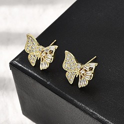 Настоящее золото 18K Серьги-гвоздики в форме бабочки из латуни с прозрачным кубическим цирконием, без кадмия и без свинца, долговечный, стойки покрытие, реальный 18 k позолоченный, 14.5x15 мм