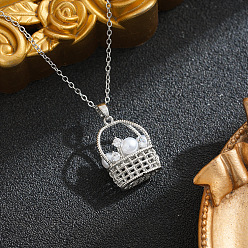 Silver Brass Pave Clear Cubic Zirconia Basket with Imitation Pearl Pendant 201 Stainless Steel Cable Chain Necklaces for Women, Ion Plating(IP), White, Silver, 15.75 inch(40cm)
