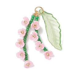 Pink Стеклянные подвески из бисера, цветочный шарм, с использованием смолы, акрила и 304 соединительного кольца из нержавеющей стали., золотые, розовые, 36x6x6.5 мм, отверстие : 4 мм