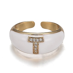 Letter T Brass Micro Pave Clear Cubic Zirconia Cuff Rings, Open Rings, with Enamel, Cadmium Free & Lead Free, Golden, Letter.T, US Size 7 1/4, Inner Diameter: 17.6mm
