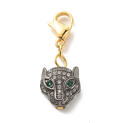 Gunmetal Brass Micro Pave Cubic Zirconia Pendants, with Lobster Claw Clasps, Leopard Head, Gunmetal, 26mm