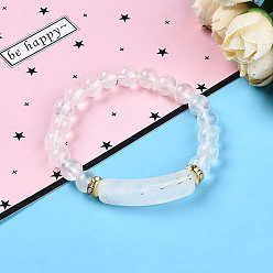 Хрусталь Бусины из натурального кварца, эластичные браслеты, с латунной бисера, внутренний диаметр: 2~2-1/8 дюйм(51мм~53мм), бусины : 8 мм диаметром, латунь вывод: 7.5x3 мм, прямоугольный: 35x10.5x5.5~6мм