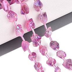 Rosa Caliente Hilos de cuentas de amatista natural en bruto, teñidas y galvanizadas, pepitas, con cuentas de tubo de plástico, color de rosa caliente, 7.5~22x8~18x5~15 mm, agujero: 1.2~1.6 mm, sobre 22~26 unidades / cadena, 15.55~16.93 pulgada (39.5~43 cm)