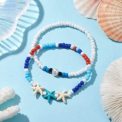 Starfish Summer Beach Starfish Synthetic Turquoise & Pearl Bracelet Sets, 4mm Round Glass Seed Beaded Stackable Stretch Bracelets for Women, Starfish, Inner Diameter: 2-1/8 inch(5.5cm), 1pc/style