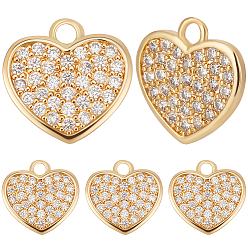 Настоящее золото 18K 8подвески из латуни с микропаве из кубического циркония, сердце, без кадмия и без свинца, долговечный, стойки покрытие, реальный 18 k позолоченный, 13x13x1.5 мм, отверстие : 1.8 мм
