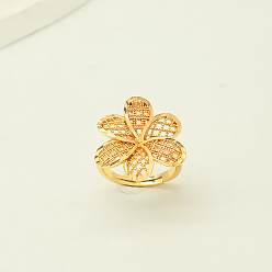 Настоящее золото 18K Регулируемые латунные кольца для женщин, полые цветок, реальный 18 k позолоченный, 16 mm ~ 20 mm
