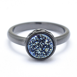 Васильковый Гальванизированный естественный druzy агат кристалл палец кольца, с фурнитурой из экологически чистой латуни, без свинца и без кадмия, долговечный, плоско-круглые, Размер 7, металлический черный , васильковый, 17 мм