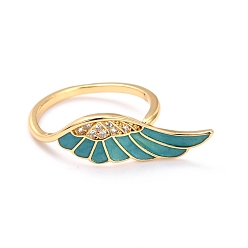 чирок Кольца из латуни с микропаве, прозрачные кольца с кубическим цирконием, с эмалью, крыло, золотые, зелено-синие, размер США 6 1/4 (16.7 мм)