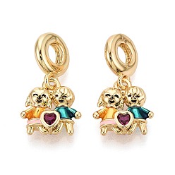 Разноцветный Европейские подвески-шармы из латуни с микропаве из прозрачных кубических цирконий и эмали, подвески в форме сердца с большим отверстием в форме мальчика и девочки, реальный 18 k позолоченный, красочный, 25 мм, отверстие : 4.8 мм