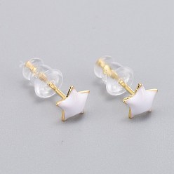 Weiß Messing-Emaille-Ohrstecker, mit Kunststoff-Ohrmuttern, langlebig überzogen, Stern, echt 18 k vergoldet, weiß, 6x6 mm, Stift: 0.8 mm