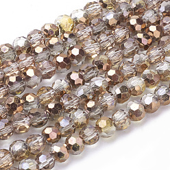 Copper Plated Electroplate Glass Beads Strands, Half Plated, Faceted(32 Facets), Round, Copper Plated, 4mm, Hole: 1mm, about 88~90pcs/strand, 28~30cm