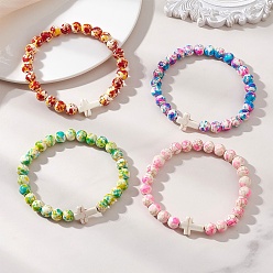 (52) Непрозрачная лаванда Окрашенные синтетические бирюзовые бусины эластичные браслеты для женщин и мужчин, круглый и крест, разноцветные, бусины : 8 мм, внутренний диаметр: 2.34 дюйм (5.95 см)