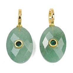 Green Aventurine Natural Green Aventurine Pendants, Faceted Oval Charms with Brass Micro Pave Cubic Zirconia(Random Color) Findings, Golden, 27.5x13.5x6.5mm, Hole: 5.5mm