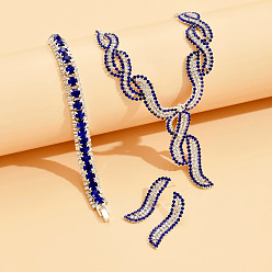Капри Синий Ожерелья, серьги-гвоздики и браслеты из латунных кулонов со стразами, серебряные, Капри синий, 350мм и 170мм и 40x10мм