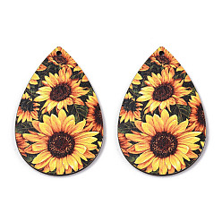 Flower Single Face Sunflower Printed Wood Big Pendants, Teardrop Charm, Gold, Sunflower Pattern, 60x40x3mm, Hole: 2mm