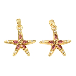 Real 18K Gold Plated Brass Micro Pave Cerise Cubic Zirconia Pendants, Starfish Charms, Real 18K Gold Plated, 24x22.5x4mm, Hole: 5x2mm