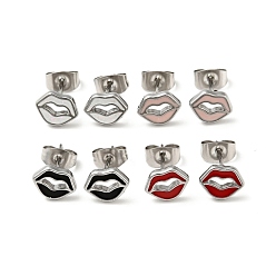 Mixed Color Enamel Lip Stud Earrings with 316 Surgical Stainless Steel Pins, Stainless Steel Color Plated 304 Stainless Steel Jewelry for Women, Mixed Color, 7x8.5mm, Pin: 0.8mm