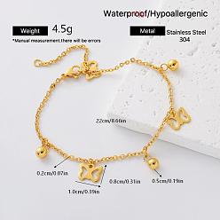 Mariposa 304 Tobilleras con dijes de acero inoxidable para mujer, dorado, mariposa, 8-5/8 pulgada (220 mm)