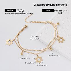 Flower 304 Stainless Steel Charm 2-Strand Bracelets for Women, Golden, Flower, 7.48 inch(19cm)
