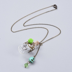 Vert Colliers pendants, avec des perles de howlite synthétiques crâne, rose perles de résine de fleurs, bouteilles en verre et chaînes câblées en laiton plaqué bronze antique, pour la fabrication de colliers de fioles de sang, verte, 18.11 pouce (46 cm)