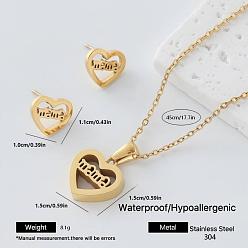 Heart 304 Stainless Steel Pendant Necklace & Stud Earrings Set for Women, Golden, Heart with Word Mama, 450mm, Pendant: 15x15mm