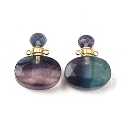 Флюорит Подвески для флаконов духов из натурального флюорита, с 304 фурнитурой из нержавеющей стали, граненые, овальные амулеты, золотые, 32~33x25~26x10.5~11.5 мм, отверстие : 1.9 мм