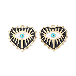 Черный Стойки обшивки сплава эмали подвески, золотые, сердце с оберегом от сглаза, чёрные, 27x28x1.4 мм, отверстие : 2 мм