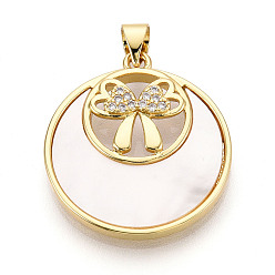 Настоящее золото 18K Латунные микропаве прозрачные подвески с фианитом, без кадмия и без свинца, с оболочкой, луна и бантик, реальный 18 k позолоченный, 25.5x23x4 мм, отверстие : 5x3.5 мм