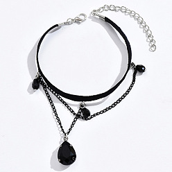 Черный Женские браслеты на ногу из сплава с цепочкой из бархатного шнура и стеклянной каплевидной кисточкой, платина, чёрные, 8-5/8 дюйм (220 мм)
