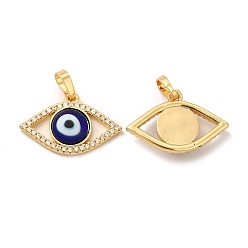 Blue Rack Plating Brass Micro Pave Clear Cubic Zirconia Pendants, with Handmade Evil Eye Lampwork, Cadmium Free & Lead Free, Long-Lasting Real 18K Gold Plated, Eye Charm, Blue, 15.5x23x4mm, Hole: 6x3mm
