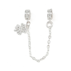 Клевер Латунные паве прозрачные кубические цирконии европейские защитные цепи с подвесками, долговечный, стойки покрытие, серебряный цвет гальваническим, клевер, 84 мм, отверстие : 4 мм, клевер: 12x8x2 мм