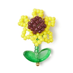 Желтый Подвески из стеклянных бусин, цветок, с прозрачным стеклянным листом, желтые, 27x21.5x10.5 мм, отверстие : 2.5 мм