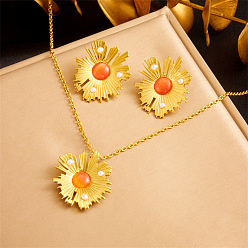 Цветок 304 эмалированная нержавеющая сталь с пластиковыми жемчужинами, подвески и серьги-гвоздики, золотые, цветок, 490 мм и 30 мм