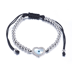 Платина Регулируемые латунные плетеные браслеты из бисера, с нейлоновым шнуром, оболочка и микропрокладка кубического циркония, без свинца и без кадмия, сердце, платина, 1-3/4 дюйм (44 мм)