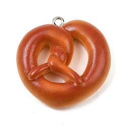 Шоколадный Непрозрачные подвески смолы, искусственный хлеб, крендель, с платиновым шлейфом, цвет шоколада, 30x30x8.5 мм, отверстие : 2 мм