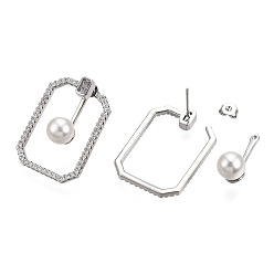 Real Platinum Plated Clear Cubic Zirconia Rectangle with Plastic Pearl Front Back Stud Earrings, Brass Jewelry for Women, Nickel Free, Real Platinum Plated, 30.5x22mm, Pin: 0.8mm