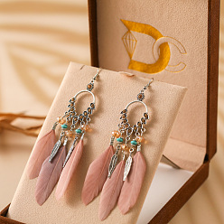 Темный Лосось Серьги-люстры из сплава горного хрусталя в форме капли, с пером, античное серебро, темный лосось, 122 мм