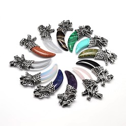 Смешанные камни Форма бивня с драконом античное серебро цинковый сплав натуральный и синтетический смешанный камень большие подвески, без свинца и без никеля , 56~59x25x11.5 мм, отверстие : 4x8 мм